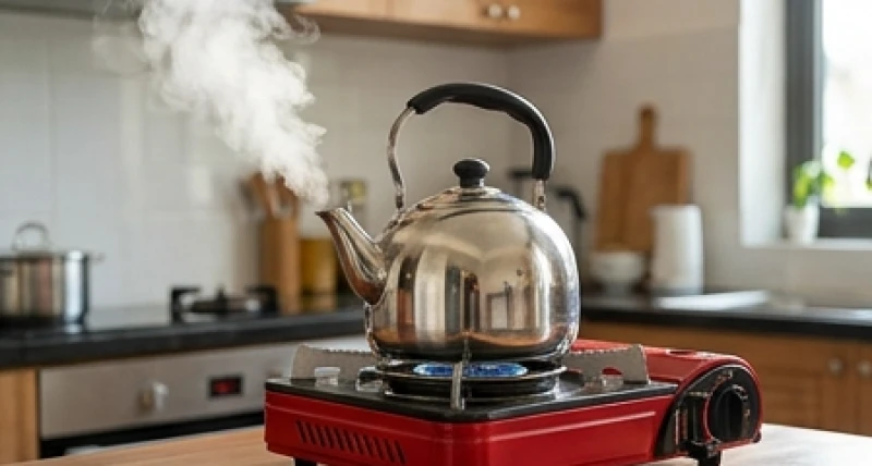 Tuổi Hợi nhập trạch ngày nào tốt: Lịch 2026 và thủ tục bài bản 4 Ấm nước inox được đun sôi sùng sục trên chiếc bếp ga mini màu đỏ tượng trưng cho tài lộc cuồn cuộn.