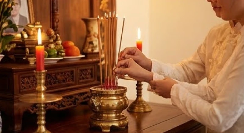 Văn khấn lễ lại mặt: Mẫu chuẩn nhà gái và trình tự dâng hương 4 Chú rể và cô dâu lần lượt châm hương và cắm cẩn thận lên bát hương trên bàn thờ gia tiên