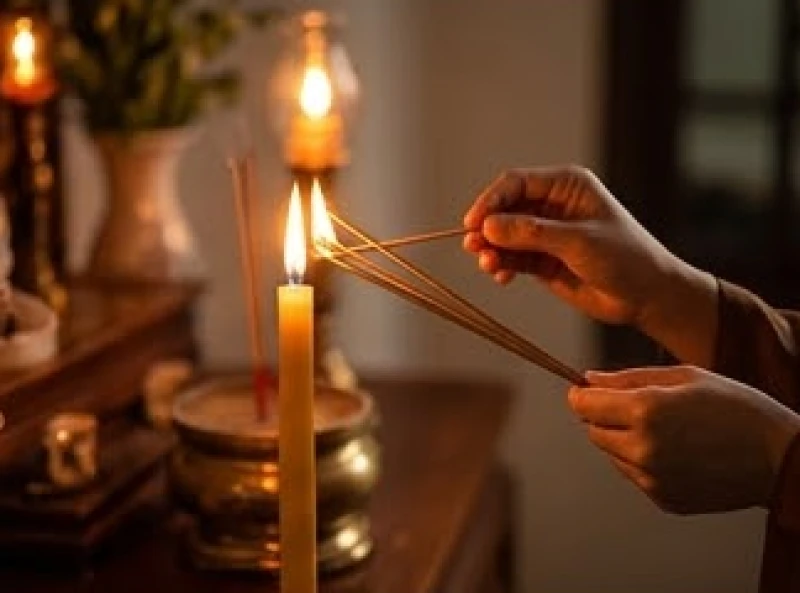 Hai tay cầm bó hương cẩn thận mồi lửa từ ngọn nến hồng trên ban thờ mà không dùng miệng thổi tắt ngọn lửa