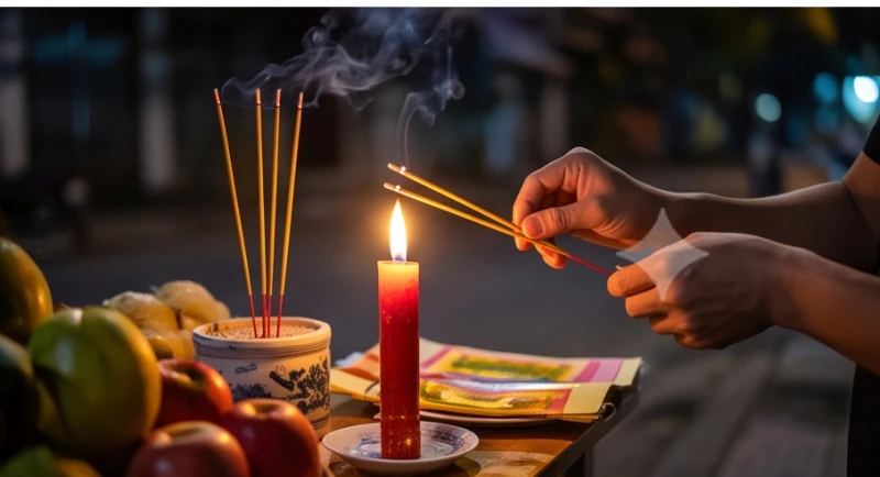 Văn khấn giao thừa tại cửa hàng: Bài cúng chuẩn & sơ đồ đặt mâm 8 Hành động châm những nén nhang đầu tiên tại mâm cúng ngoài sân đúng khoảnh khắc đồng hồ điểm
