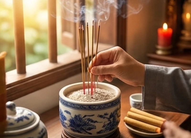 Văn khấn Giỗ Tổ Hùng Vương: Bài cúng chuẩn và Trình tự nghi lễ 6 Bàn tay gia chủ đang cẩn thận cắm những nén nhang cháy đỏ vào bát hương giữa ban thờ ngập tràn ánh sáng ban mai