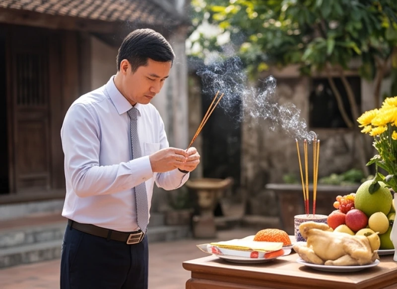 Người chủ lễ mặc trang phục chỉnh tề, hai tay chắp nén nhang thắp lên mâm cúng ngoài sân