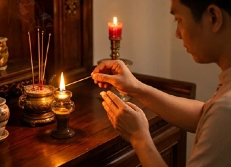 Người thực hành tín ngưỡng cẩn thận châm lửa cho nén nhang trước khi cất giọng đọc văn khấn gia tiên