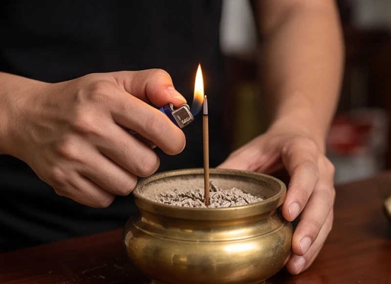 Hương cháy một nửa rồi tắt là điềm gì: Bài văn khấn tạ lễ 9 Gia chủ cẩn thận dùng chiếc bật lửa cán dài châm lại phần đầu nén nhang vừa tắt