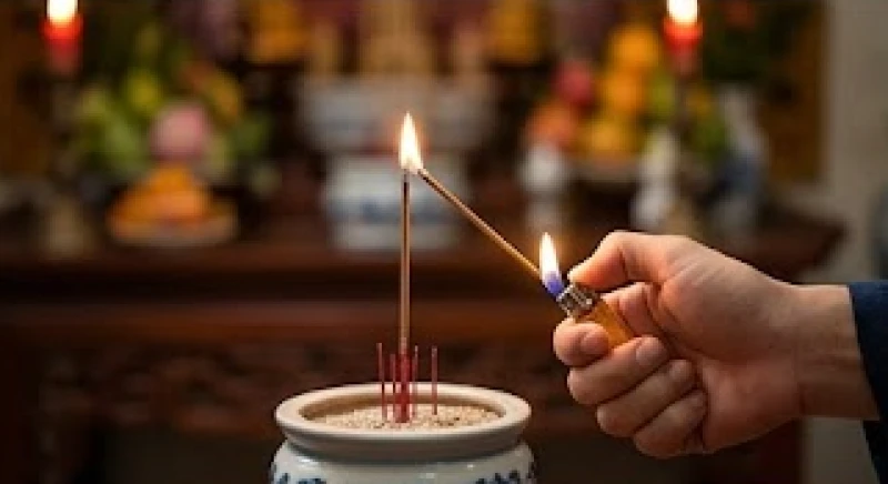 Văn khấn gia tiên đêm giao thừa: Bản chuẩn cổ truyền & rút gọn 6 Bàn tay cầm bật lửa cẩn thận châm lại phần nhang bị lụi tàn trực tiếp trên bát hương