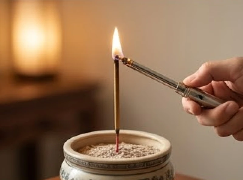 Bàn tay cầm chiếc bật lửa dài cẩn thận châm lại phần đầu nén nhang bị tắt mà không rút khỏi bát hương