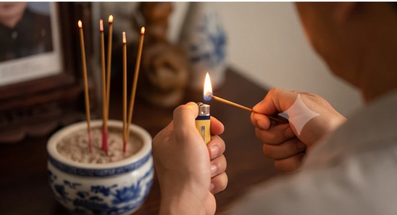 Gia chủ bình tĩnh dùng chiếc bật lửa châm lại phần đầu nén nhang lỡ bị tắt gió giữa chừng