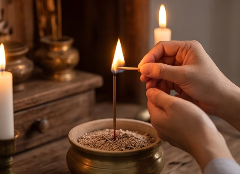 Tay người cầm que diêm cẩn thận châm lại phần ngọn nén nhang bị tắt trực tiếp trên bề mặt bát hương