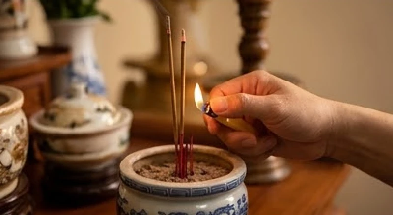 Văn khấn hạ lễ: Bài cúng chuẩn từng ban thờ và cách hóa vàng 3 Bàn tay cầm bật lửa châm lại phần nhang bị tắt giữa chừng trên bàn thờ