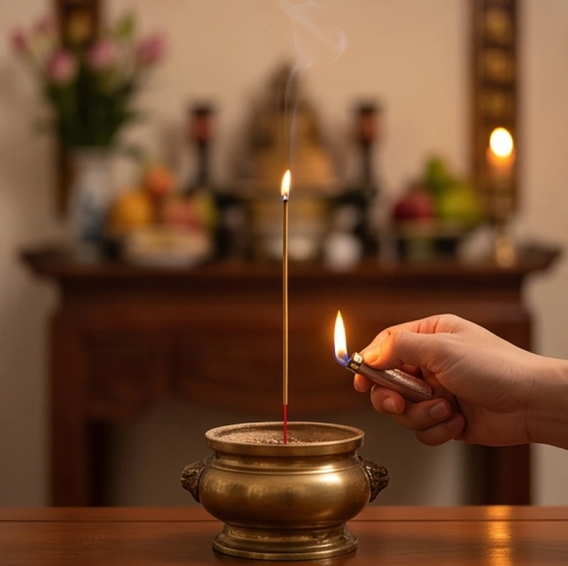 Văn khấn rằm tháng 7: Trình tự cúng bài bản và đúng nghi thức 10 Một bàn tay cẩn thận dùng bật lửa châm lại phần đầu nén nhang bị tắt giữa chừng trên lư hương