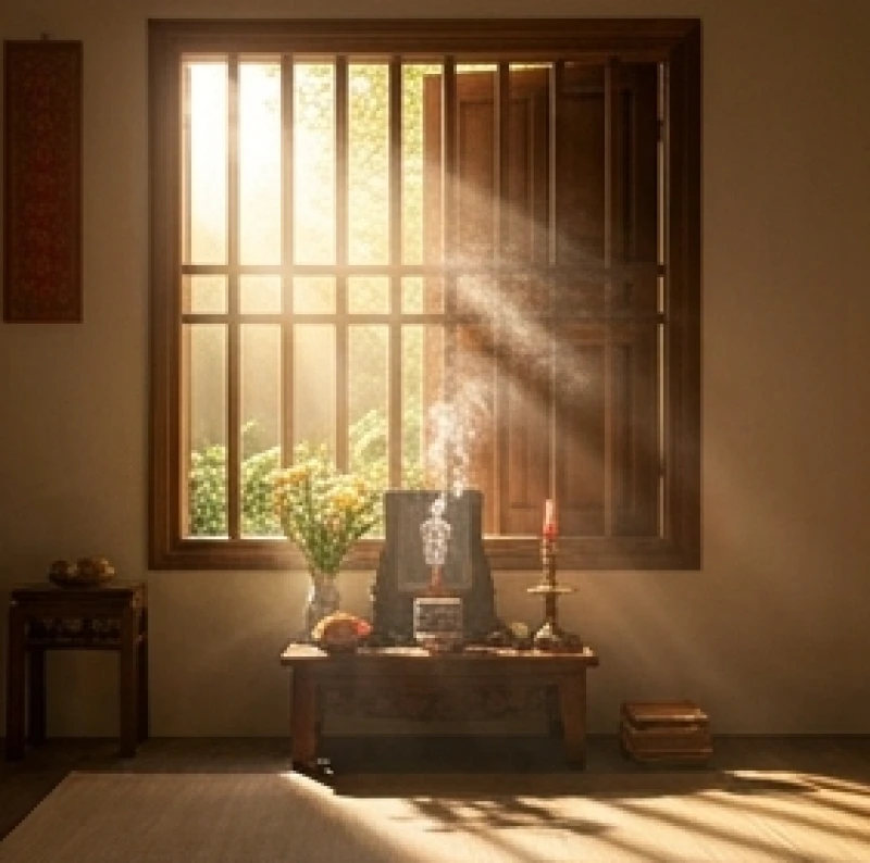 Không gian thờ cúng thanh tịnh với ánh nắng buổi sáng chiếu rọi qua khung cửa sổ