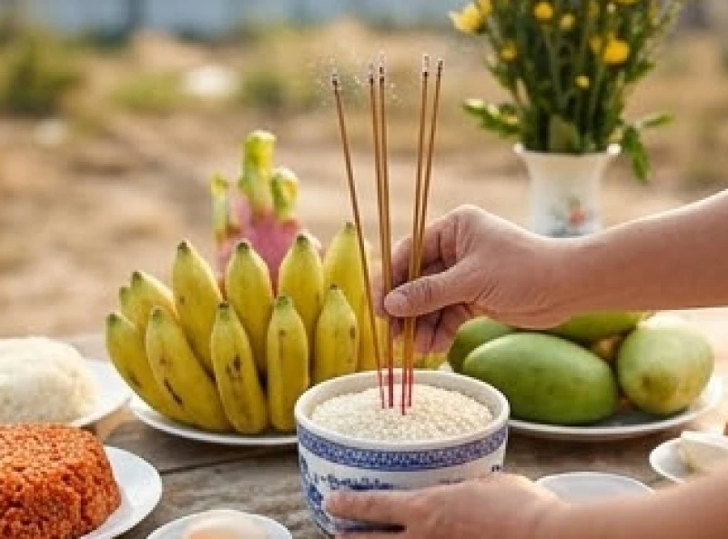 Chủ lễ châm nhang và cắm vào bát hương trên mâm cúng động thổ theo đúng giờ lành