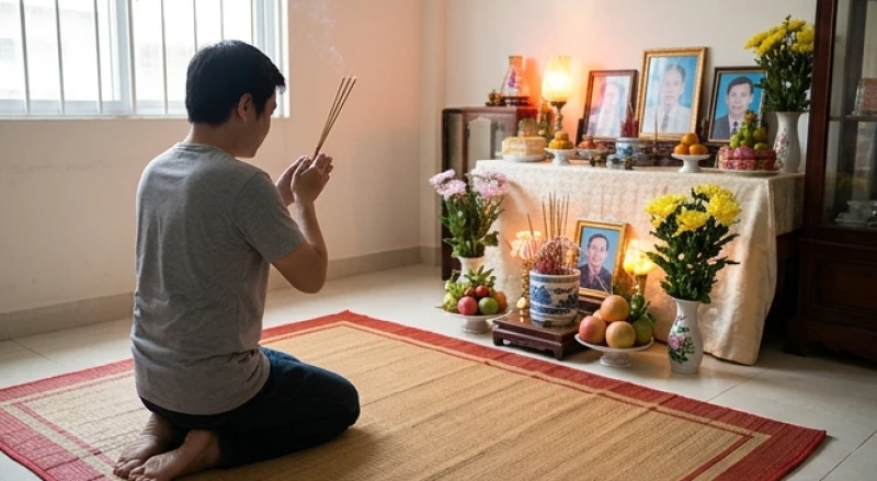 Gia chủ quỳ lạy và châm nhang lên bàn thờ Tổ tiên ngay sau khi thủ tục hóa vàng giấy chuộc nhà kết thúc