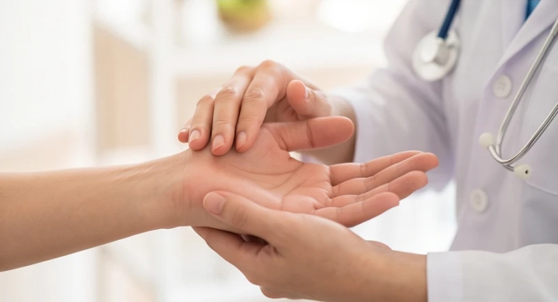 Bác sĩ đang kiểm tra nhiệt độ và màu sắc da tay để đánh giá tình trạng tuần hoàn máu của bệnh nhân