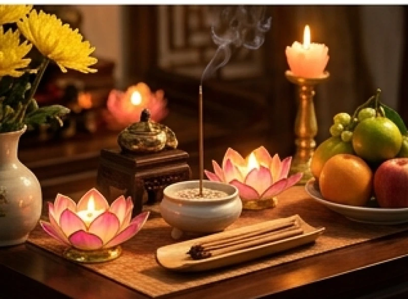 Bàn thờ gia tiên với nhang đèn thanh tịnh trong tháng Vu Lan báo hiếu
