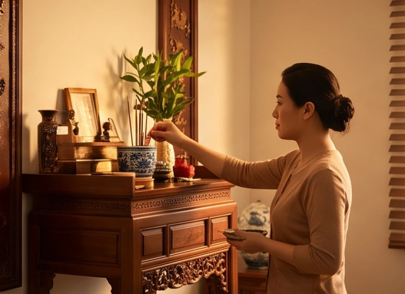 Mơ thấy gia đình bên vợ bên chồng: Điềm báo và sổ mơ trọn bộ 6 Người phụ nữ cẩn thận lau dọn và thắp nhang trên bàn thờ gia tiên bằng gỗ truyền thống