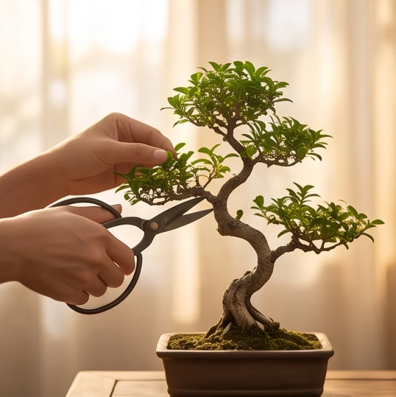 Đôi bàn tay đang cẩn thận cắt tỉa và chăm sóc một chậu cây bonsai, thể hiện sự kiên nhẫn duy trì