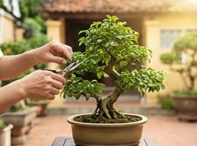 Đôi bàn tay cẩn thận cắt tỉa từng chiếc lá cho chậu bonsai thể hiện sự kiên nhẫn không nóng vội vào năm cuối chu kỳ