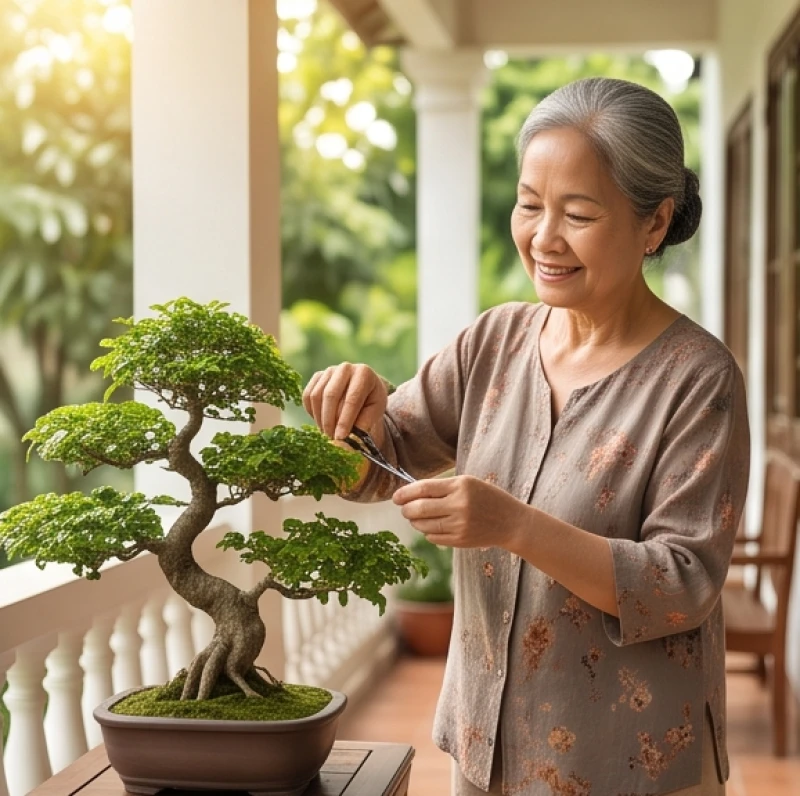 Tử vi tuổi Ất Mùi 1955 năm 2027: Tra đại hạn và cách cúng sao 4 Người phụ nữ lớn tuổi với nụ cười hiền hậu đang tỉ mỉ cắt tỉa chậu cây bonsai xanh tốt trước hiên nhà