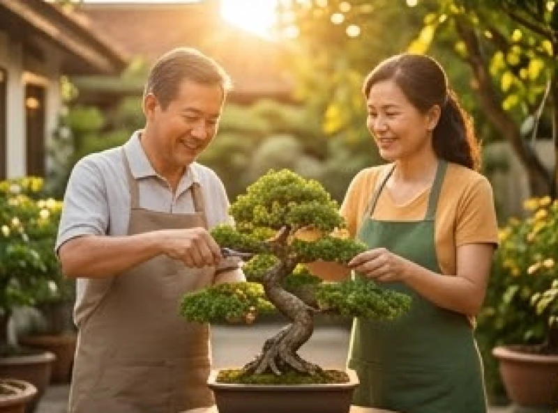 Vợ chồng tuổi trung niên vui vẻ cùng nhau cắt tỉa cây bonsai trong khu vườn nhỏ ngập nắng