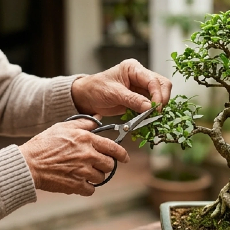 Người cao tuổi thư thái dùng kéo tỉa cành chăm sóc chậu bonsai ngoài sân vườn giúp giải tỏa căng thẳng
