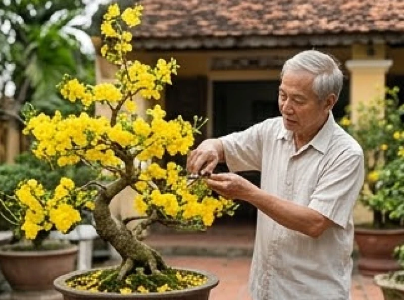 Cụ ông tỉ mẩn cắt tỉa chậu mai vàng nhỏ chuẩn bị đón không khí mùa xuân