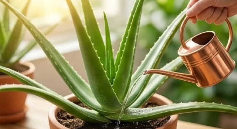 Chậu nha đam đang nở hoa rực rỡ ngoài hiên nhà được tưới nước pha loãng phân NPK giàu Kali