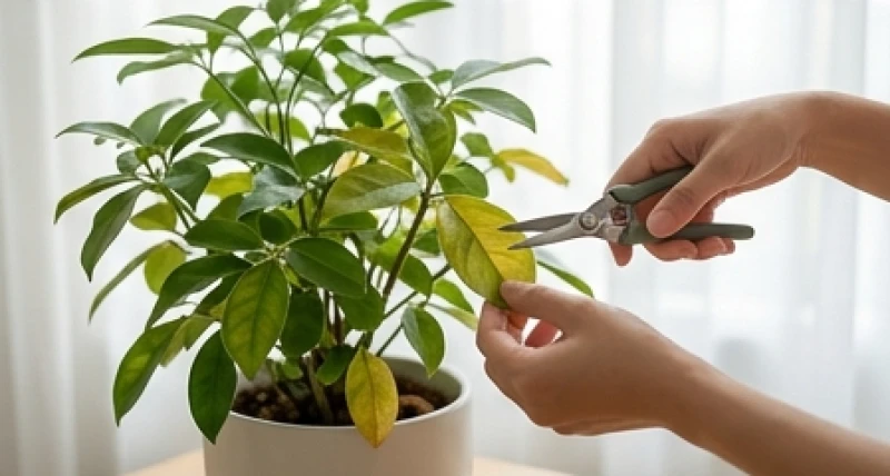 Cách thu hút tài lộc cho người tuổi Mùi: cẩm nang ngũ hành 7 Bàn tay dùng kéo cẩn thận tỉa đi những chiếc lá úa vàng của chậu cây phong thủy