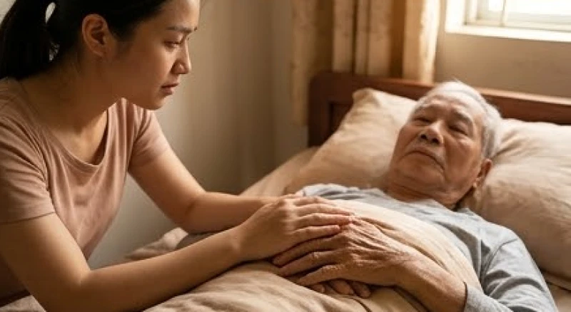 Mơ thấy bệnh tật: Giải mã điềm báo, sổ mơ & cách xoa dịu lo âu 3 Người con gái nắm tay động viên cha già đang nằm nghỉ trên giường bệnh