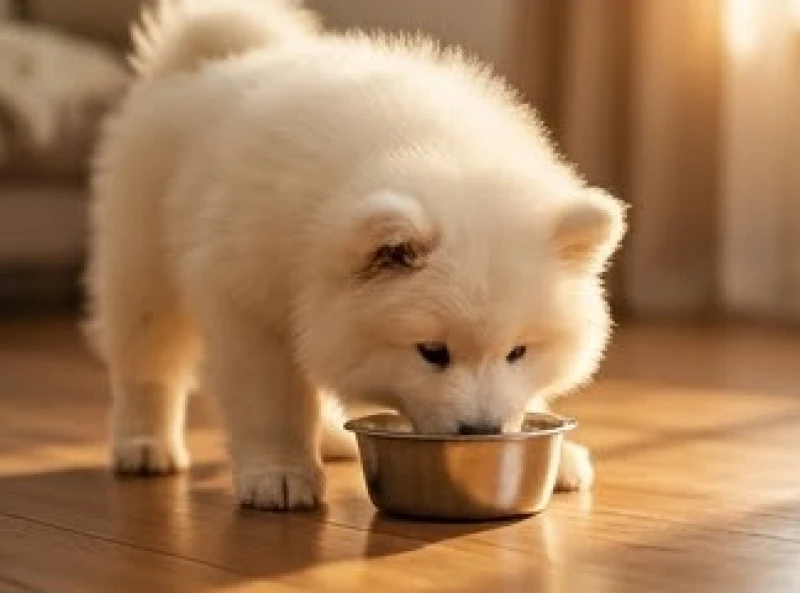 Mơ thấy cho chó ăn: Giải mã điềm báo chi tiết và con số tài lộc 4 Một chú chó con lông xù bụ bẫm đang háu cáu ăn thức ăn trong chiếc bát nhỏ nhắn đặt trên sàn gỗ