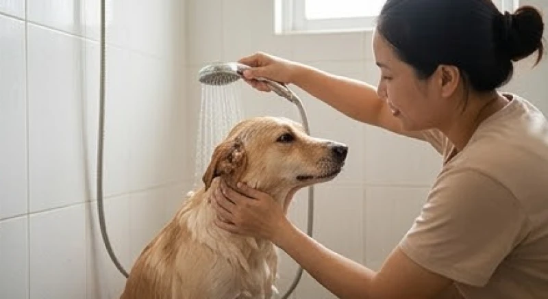Mơ thấy tắm cho chó: Giải mã điềm báo và con số may mắn 2 Người chủ đang ân cần dùng vòi hoa sen để dội nước và chăm sóc vệ sinh cho chú chó cưng