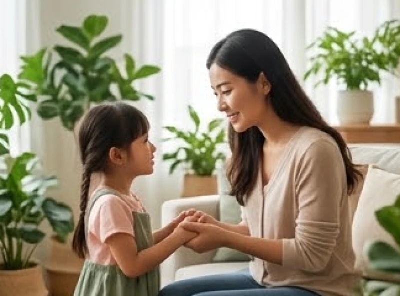 Tuổi Mão hợp sinh con tuổi gì: Ma trận tra cứu cho mọi can chi 9 Người mẹ ân cần nắm tay và lắng nghe con gái nhỏ chia sẻ trong không gian phòng khách ngập nắng.