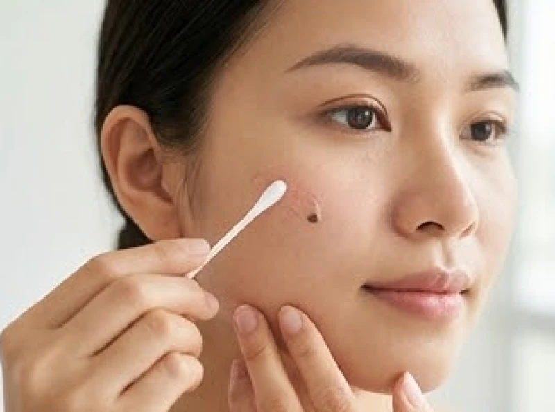 Nốt ruồi không nên giữ trên mặt: Vị trí xấu và cách xóa an toàn 9 Bệnh nhân dùng tăm bông cẩn thận chấm lớp thuốc mỡ kháng sinh mỏng lên vùng da vừa bong vảy sau khi tẩy sắc tố