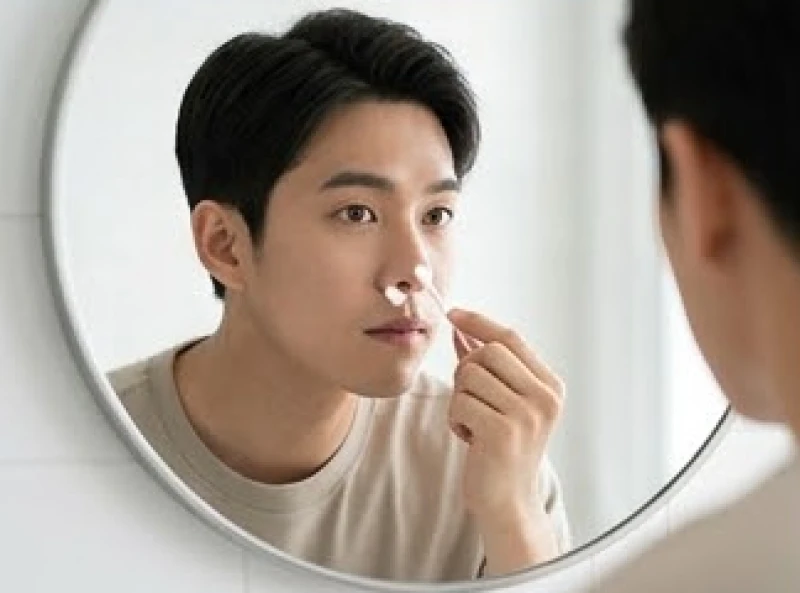Nam giới vệ sinh vùng da đầu mũi nhẹ nhàng bằng tăm bông thấm nước muối sinh lý