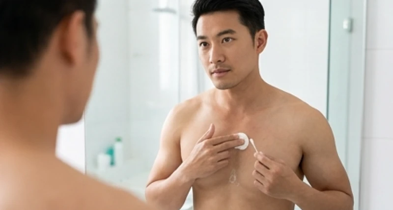 Nam giới dùng tăm bông thoa kem dưỡng phục hồi lên vùng da ngực vừa mới được tẩy nốt ruồi bằng laser
