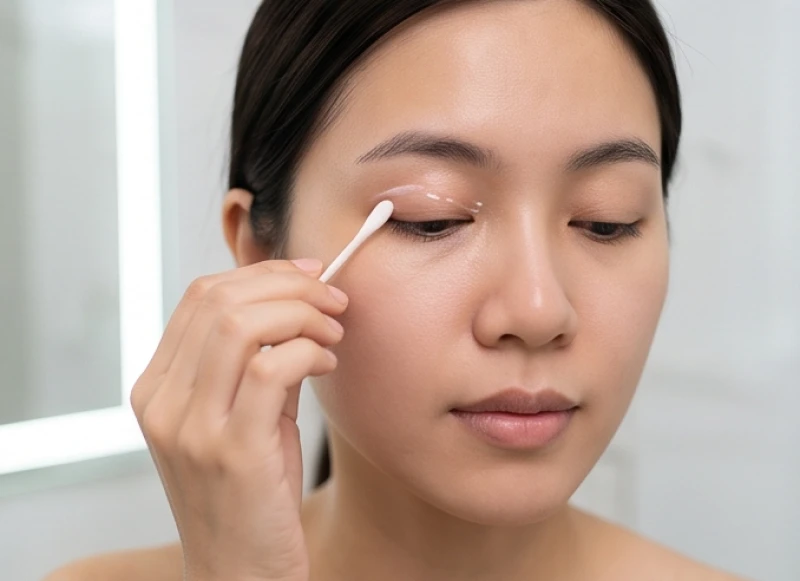 Quá trình bôi kem dưỡng phục hồi lên vùng da non ở mí mắt sau khi lớp vảy nốt ruồi bong ra