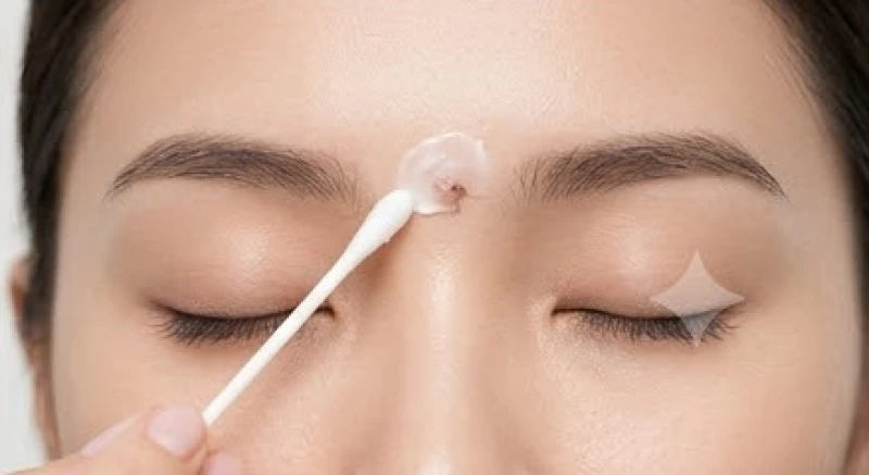 Vùng da ấn đường đang trong quá trình bôi kem tái tạo và đóng vảy non sau khi bắn laser