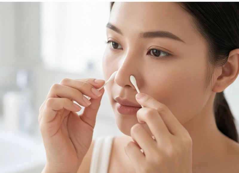 Nốt ruồi ở cánh mũi nữ: Ý nghĩa tướng số & góc nhìn y khoa 10 Vệ sinh vùng da quanh mũi nhẹ nhàng bằng tăm bông và nước muối sinh lý sau khi vừa tẩy nốt ruồi