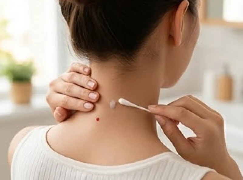 Phụ nữ dùng tăm bông cẩn thận thoa thuốc mỡ lên vùng da gáy vừa được tẩy nốt ruồi