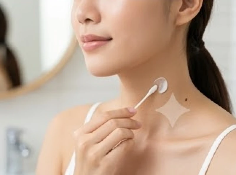 Thao tác thoa kem dưỡng tái tạo da lớp mỏng lên vùng cổ ngay sau khi thực hiện tẩy nốt ruồi