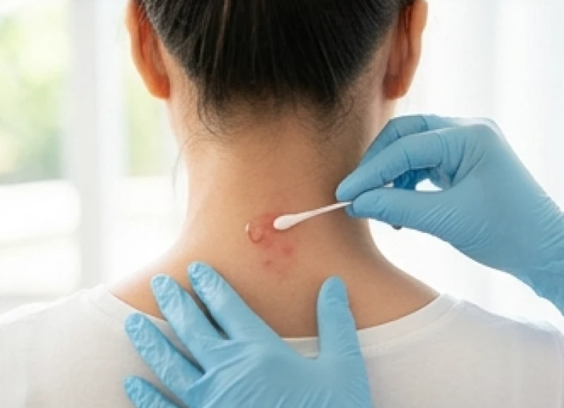 Dùng tăm bông thoa kem tái tạo lên vết thương vùng gáy một cách nhẹ nhàng