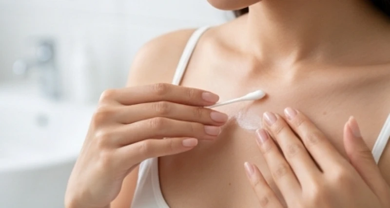 Thoa kem mỡ kháng sinh và vệ sinh bằng nước muối sinh lý giúp vùng da ngực mau lành sau khi tẩy nốt ruồi
