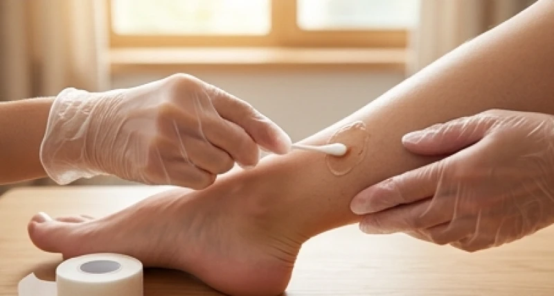 Đôi bàn tay nhẹ nhàng thoa lớp kem phục hồi lên vùng da sau khi can thiệp tẩy nốt ruồi ở chân