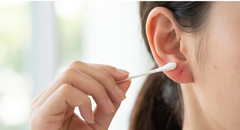 Một người đang cẩn thận dùng tăm bông thoa kem dưỡng phục hồi lên vùng tổn thương ở dái tai
