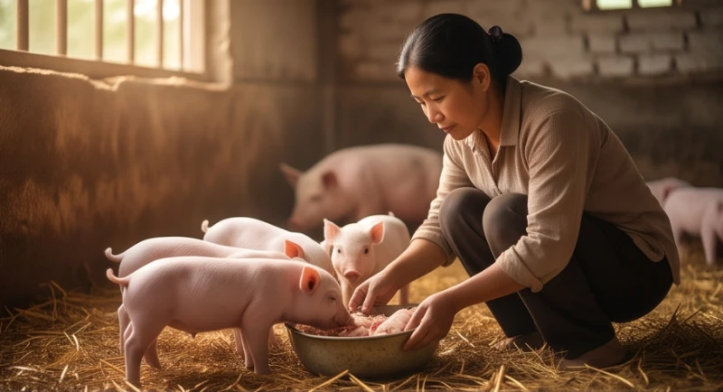 Mơ thấy đàn heo con: Điềm báo sinh sôi & bảng số tài lộc 2 Người nông dân đang ân cần chăm sóc bầy lợn con mới sinh trong không gian ấm áp, đại diện cho việc ươm mầm dự án