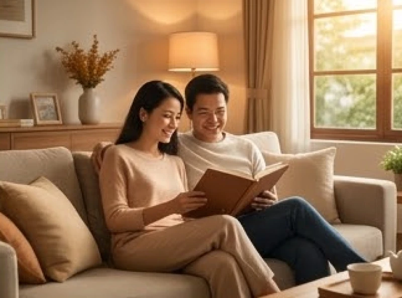 Cặp vợ chồng thư giãn đọc sách cùng nhau trong không gian phòng khách ấm áp để cân bằng năng lượng