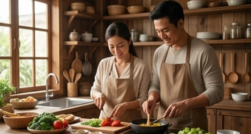 Người bạn đời cẩn thận chuẩn bị bữa ăn gia đình ấm cúng thể hiện sự quan tâm thiết thực