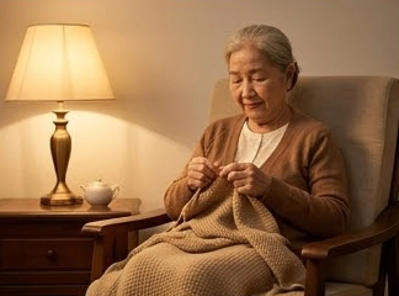 Tử vi tuổi Canh Dần 1950 năm 2027: giải hạn và sức khỏe tuổi 78 5 Cụ bà ngồi đan len thư thái trong ánh đèn ngủ dịu nhẹ để xua tan cảm giác lo âu
