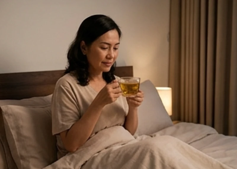 Nữ giới uống một tách trà thảo mộc ấm tại phòng ngủ để thư giãn hệ thần kinh và cải thiện chất lượng giấc ngủ