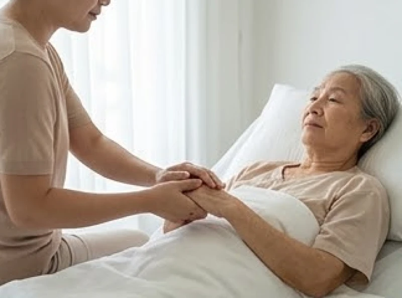 Người nhà ân cần xoa bóp và nắm tay chăm sóc giảm nhẹ cho bệnh nhân trong những ngày cuối đời